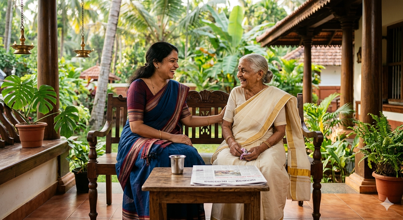 A warm companion spending time in conversation with an elderly Kerala mother at home